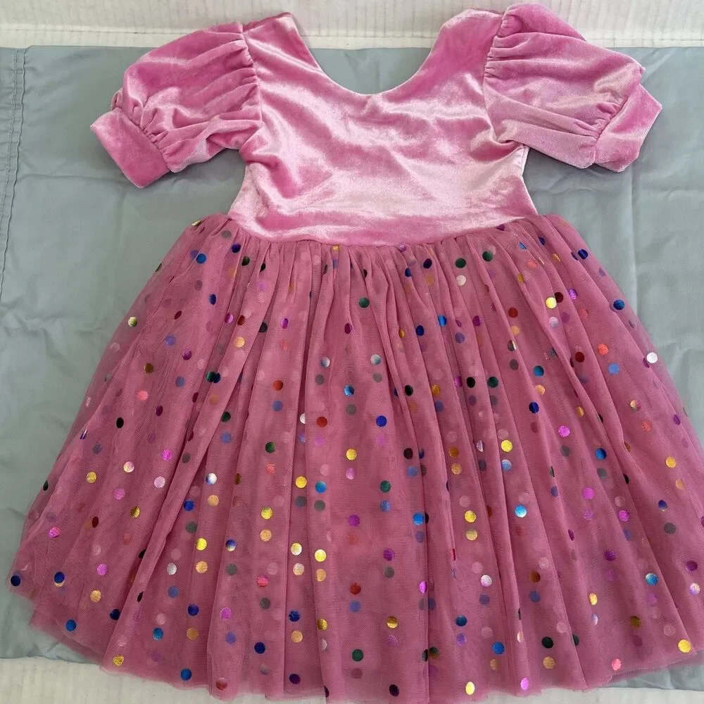 Ollie Jay Diana Puff Dress in Bubblegum Confetti Velvet Top Tulle Bottom Sz 3
